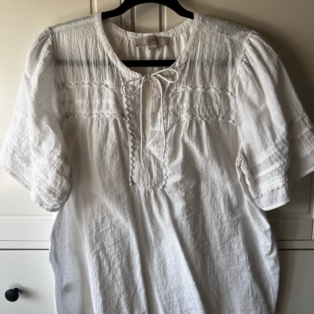 LOFT White Eyelet Tie-Front Peasant Blouse